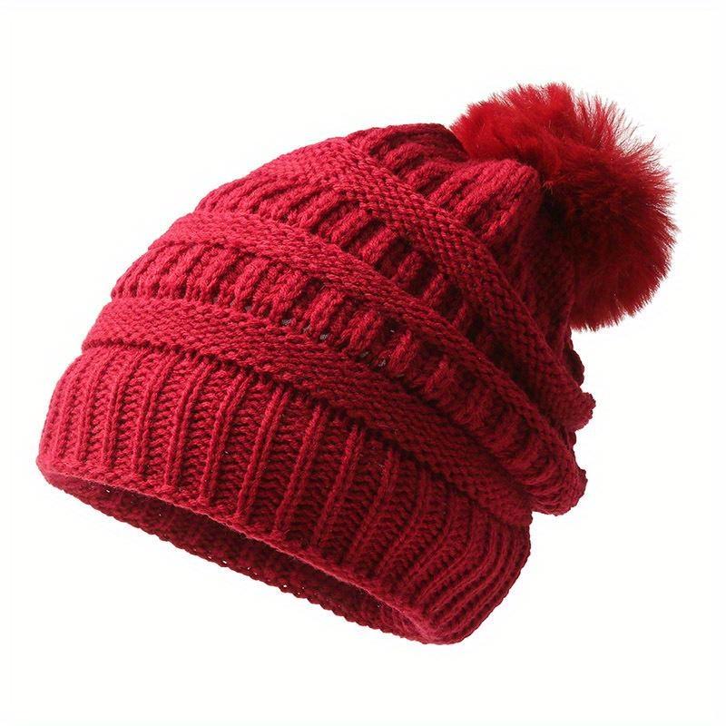 Modische Strick-Slouchy-Mütze für Damen, dicke Baggy-Mütze, Kunstfell-Pompom, Wintermütze