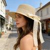 Sun Hat Lace Bow Decor Flat Top Wide Brim Straw Hat Hand-Woven Sunproof Windproof Summer Beach Picnic Basin Hat