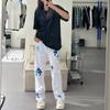 7705 CHROME HEARTS Men's and Women's American Style Trendy Jeans with Fabric Patches, Casual and Fashionable High Street Pants