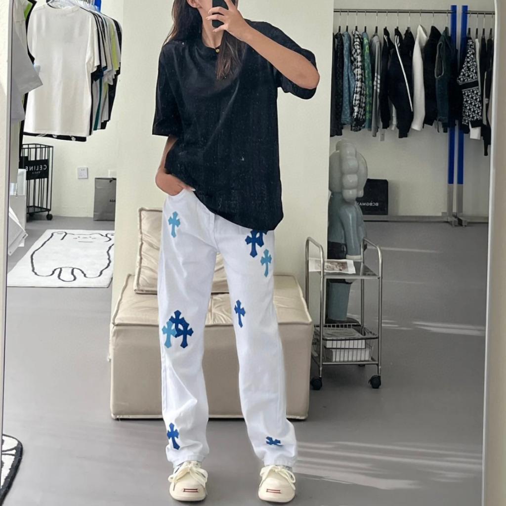 7705 CHROME HEARTS Men's and Women's American Style Trendy Jeans with Fabric Patches, Casual and Fashionable High Street Pants
