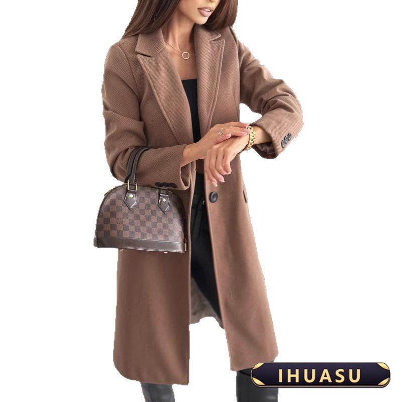 IHUASU Women's Vintage Casual Solid Color Print Autumn Winter Long Sleeve POLO Neck Jackets & Coats Elegant