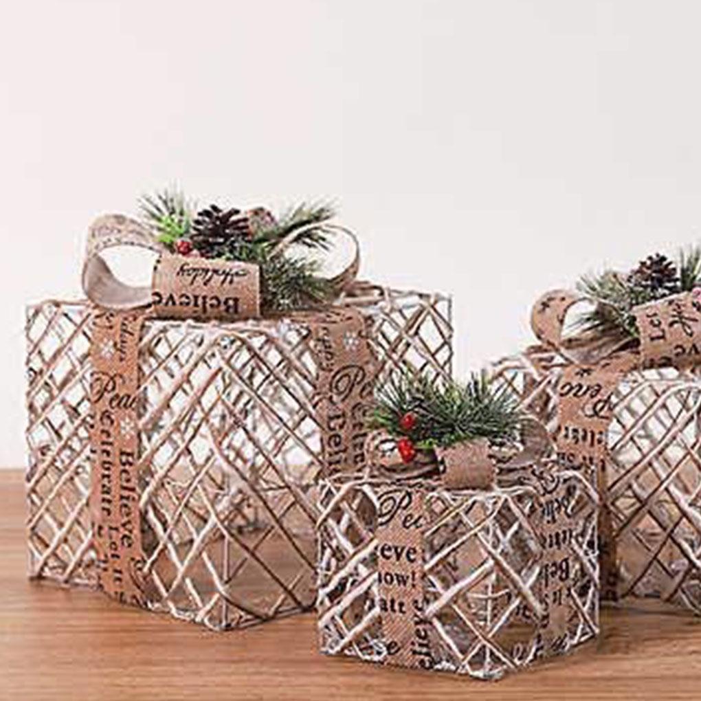 3pcs Christmas Glowing Gift Box Decoration Ornament With Bow Christmas Lighting Box Outdoor Lighting Christmas Decoration