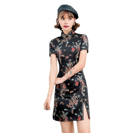 Damen Sommer Cheongsam Stehkragen Drache Phönix Print Geteilter Saum Qipao Slim Fit Retro Chinesischer Stil Über Knie Länge Hochzeit Party Cocktailkleid