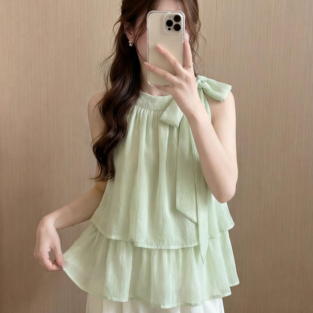 Summer New Pure Desire Style Bow Strap Ruffle Edge Sleeveless Shirt Women's Loose and Thin Versatile Temperament Top