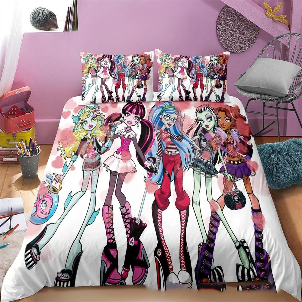

3D-печатный комплект постельного белья Monster High, пододеяльник, постельное белье, односпальное, двуспальное, королевского размера, пододеяльник, домашний текстиль, 2/3 шт. 135X200cm-2pcs