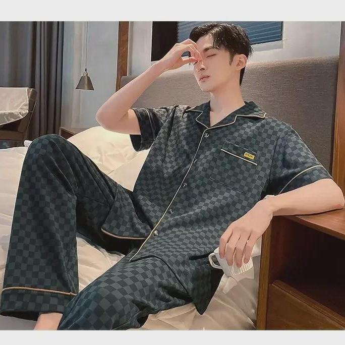 Set de pijama pentru bărbați din bumbac 100% cu carouri, cu mânecă scurtă și cardigan