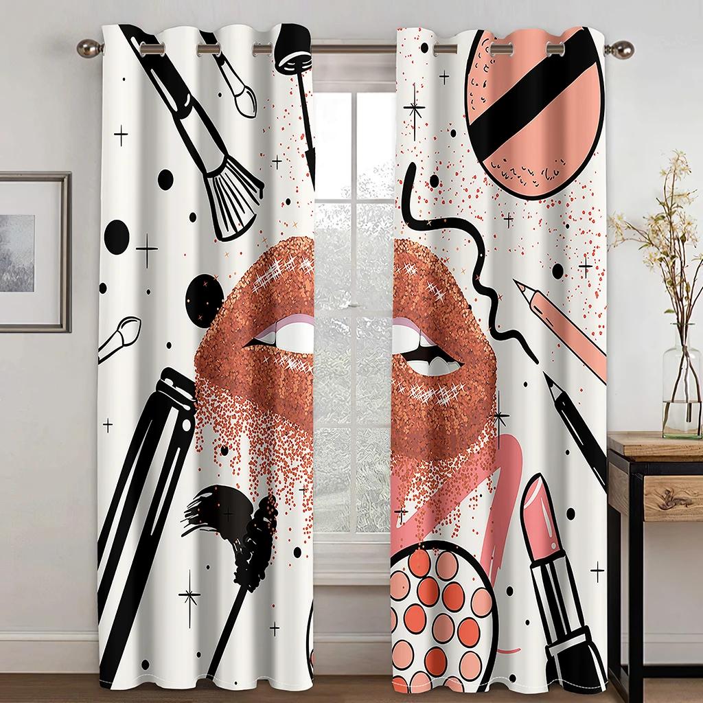 2 Paneler 3D Digitaltryck Härliga Rosa Röda Glitter Ögonfransar Ögon Ros Läppar Flickrum Tunna Draperier Prinsessa Vardagsrum Fönster