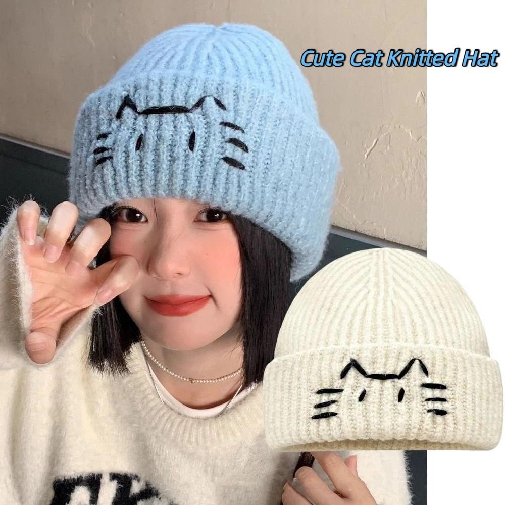 Embroidered Kitten Cute Cat Knitted Hat Warm Printing Knit Cap Retro Knit Beanies  Girls