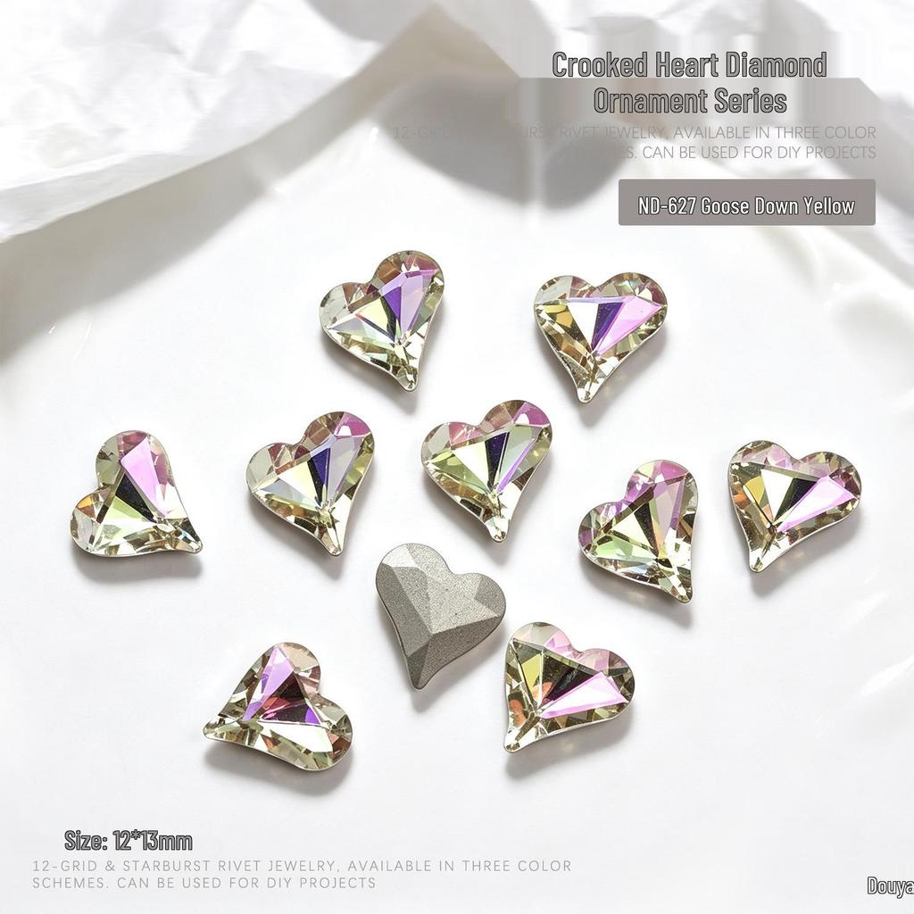 "10-Piece Heart-Shaped Nail Art Accessories with Pointed Bottom Transparent and Colorful Diamonds"