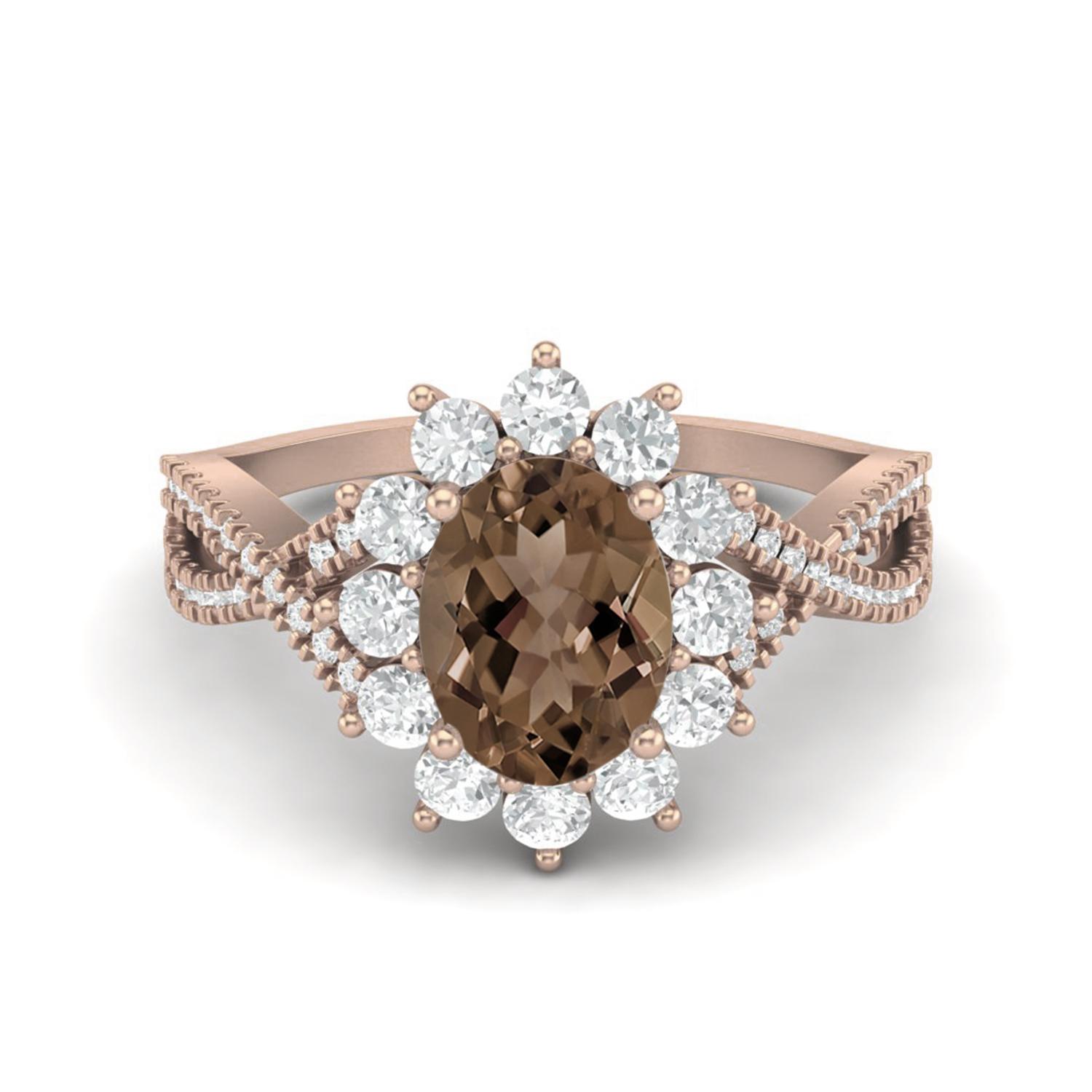 Princess Diana 8X6mm Oval Smoky Quartz 925 Sterling Silver Rose Vermeil Solitaire Women Wedding Ring 9