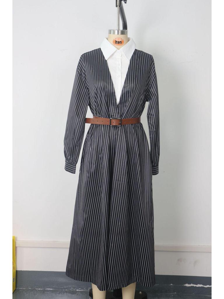 European & American Women's Retro Striped Shirt Dress, Autumn Collection - Loose Fit with Waist-Cinching, Color-Block, Shirt Collar Design