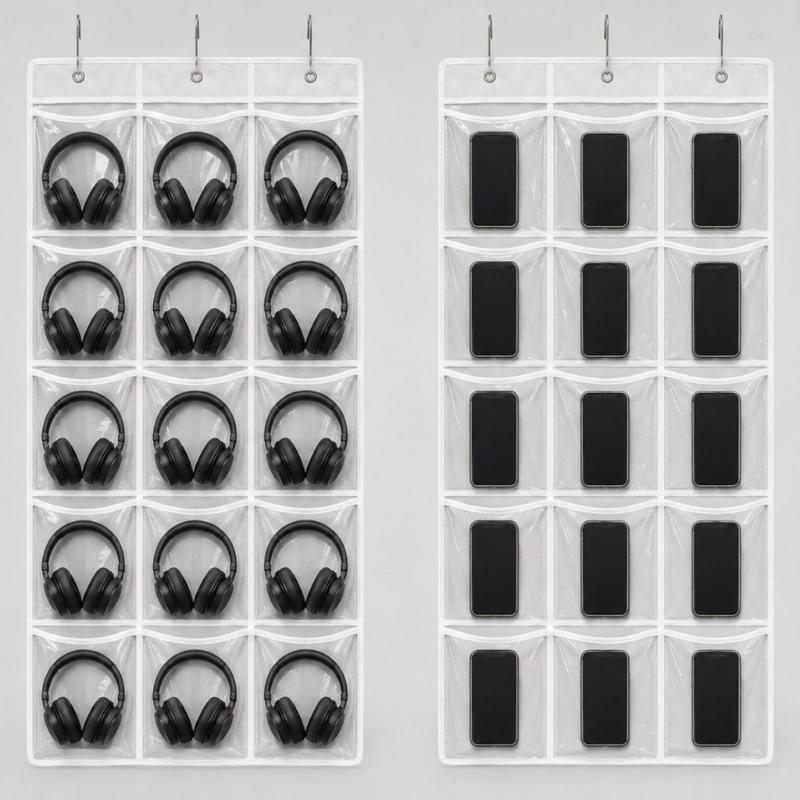 Clear Pocket Wall Storage Set of 2, Hanging Polyester Holder with 15 Front Pockets on Each Panel for Classroom Supplies, Phones and Daily Items