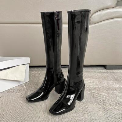 Herbst Kniehohe Stiefel Damen Designer Klobige Absätze Eckige Zehenpartie Langer Stiefel Damenschuhe Elegant Party Oberschenkelhoch Botas Schuhe