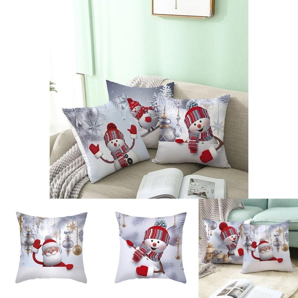 Delightful 18" Christmas Cushion Cover With Santa Claus And Snowman For Festive Sofa Decor