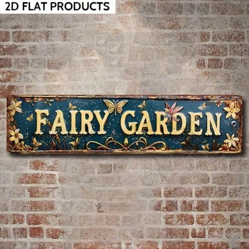 Vintage Fairy Garden Butterfly Flowers Metal Poster Wall Art 16x4 inch Home Decor