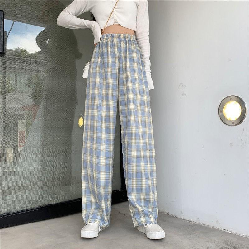 Women's Plaid Wide Leg Pants Mid-rise Straight Drapey Breathable Summer Preppy Long Trousers