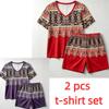 Summer Fashion Bohemian Style Geometry Pattern Printed V- Neck Short Sleeved T-Shirt And Shorts Set Women's and Men's T-shirt Shorts Set