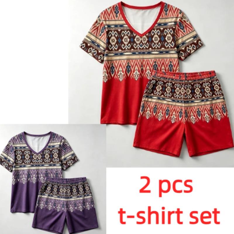 Summer Fashion Bohemian Style Geometry Pattern Printed V- Neck Short Sleeved T-Shirt And Shorts Set Women's and Men's T-shirt Shorts Set