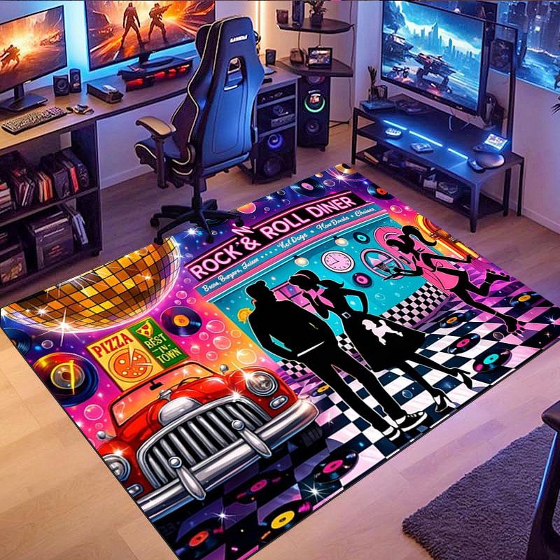 Retro Car & Rock Bar Themed Rug, non-slip rug, suitable for living room, bedroom, game room, computer room and home décor.