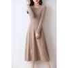 Women's Extra Long Wool Knitted Dress - Round Neck, Slim Fit, Waist-Hugging, Over-the-Knee, Autumn/Winter Style