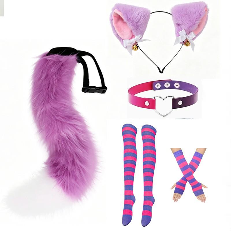 Cat Ear Headband With Tail Set Cosplay Costume Accessories Anime Kawaii Girl Party Outfit