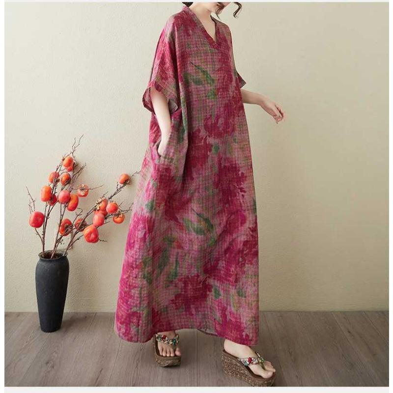 Women's Vintage Long Dress with Cotton and Linen Patterns