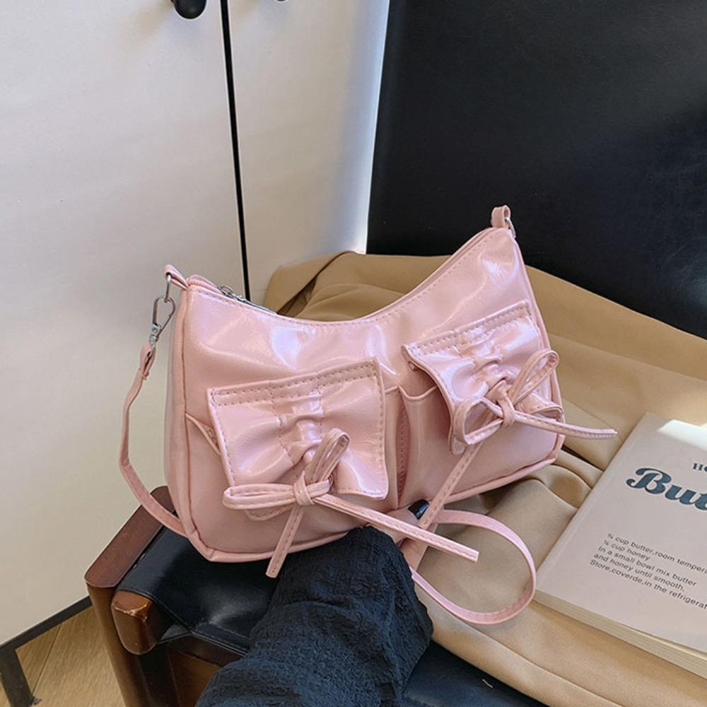 Pleated Bowknot Crossbody Bag Solid Color Pu Dumpling Bag Portable Y2k Shoulder Bag  Dairy