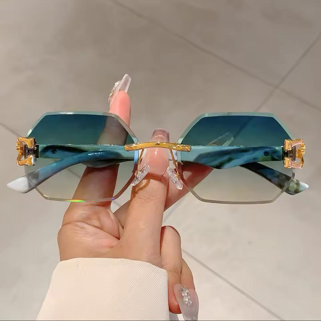 Rimless Octagon Sunglasses Women For Men Luxury Brand Design Vintage Punk Popular Metal Gold Leopard Head Sun Glasses Uv400