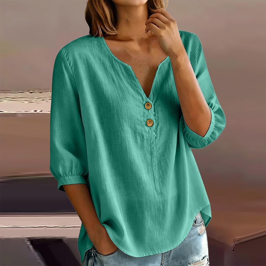 Women's Casual Linen Blend Henley Button Neck Shirt Three Quarter Sleeve Lightweight Loose Fit Top for Everyday Wear