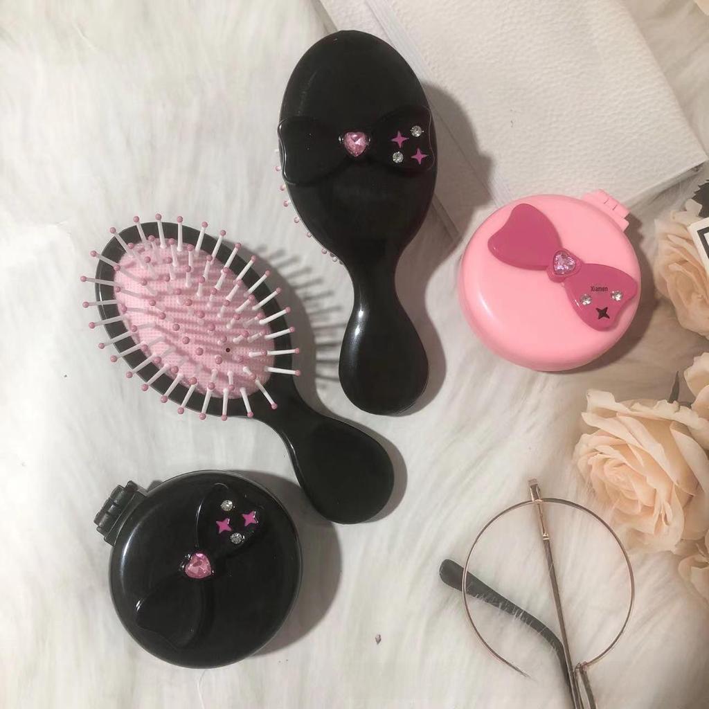 Pink & Black Y2K Bow Airbag Massage Comb – Cute, Portable DIY Hairbrush