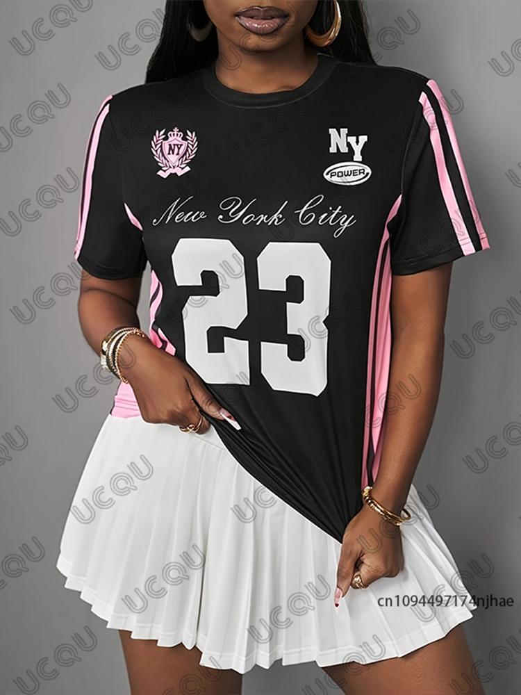 Summer Black and Pink Printed Women's T-Shirt, Short-Sleeve Sporty Soccer Jersey, Casual Loose Top