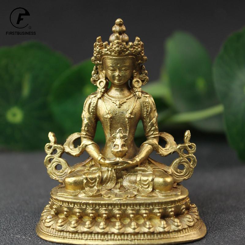 Antyczny Miedziany Budda Amitayus Mała Statuetka Ozdoby na Biurko Figurki Amitabha Szczęśliwe Akcesoria do Dekoracji Domu Rzemiosło Dekoracje