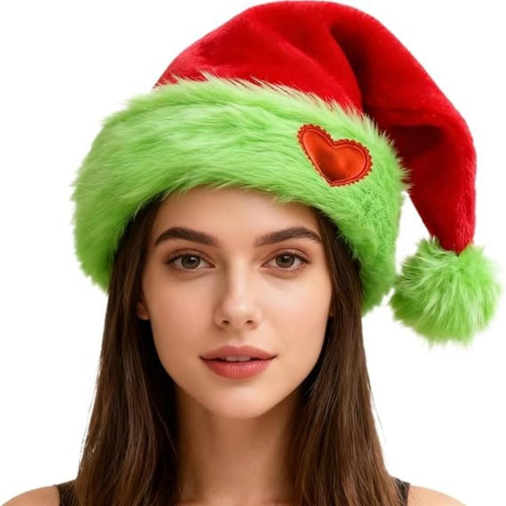 Soft Plush Christmas Hat for Adult Kids Green Fur Brim Santa Claus Hat Cap Merry Christmas Decoration New Year Party 2026