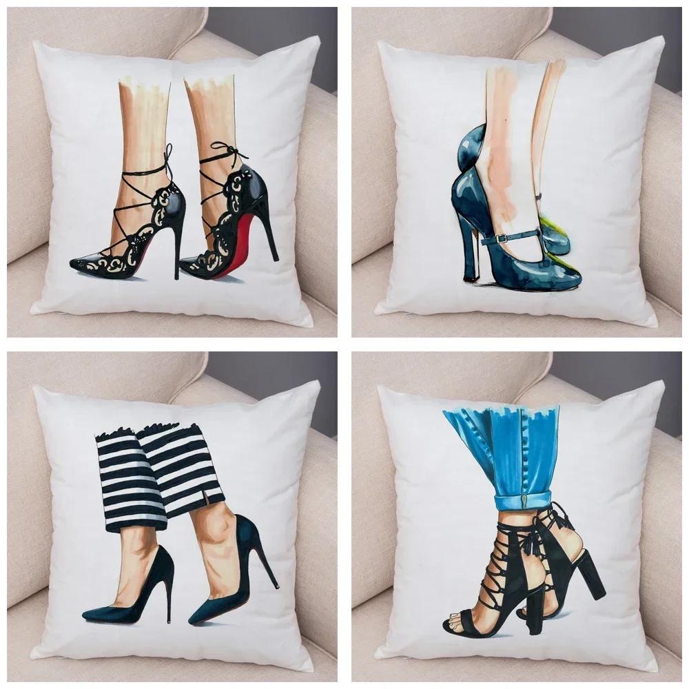 Lady High Heel Shoes Print Cushion Cover for Car Sofa Home Super Soft Short Plush Pillow Case Decor Cartoon Pillowcase 45*45 Cm
