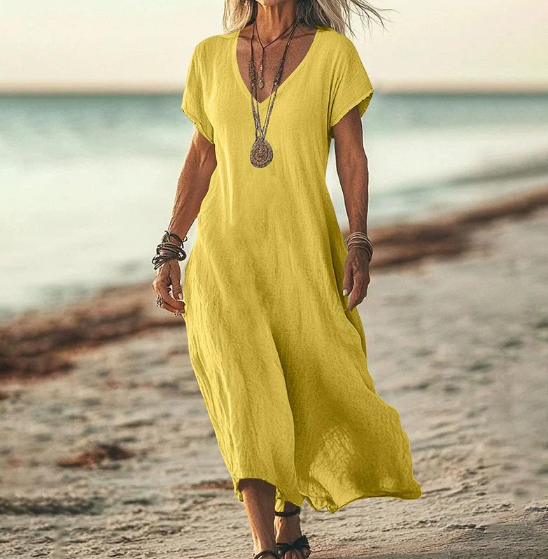 Abito Lungo da Donna con Scollo a V, Manica Corta, Texture Lino, Vestibilità Ampia, Multicolore