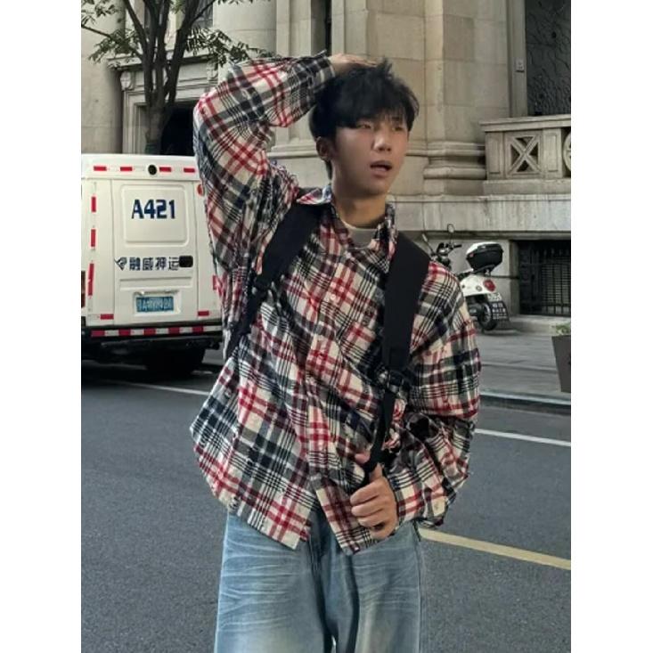 Καρό μακρυμάνικο πουκάμισο 2024 Ιαπωνικό στιλ Χονγκ Κονγκ Φαρδύ πουκάμισο για αγόρια Καλοκαιρινό μοντέρνο ευέλικτο casual παλτό