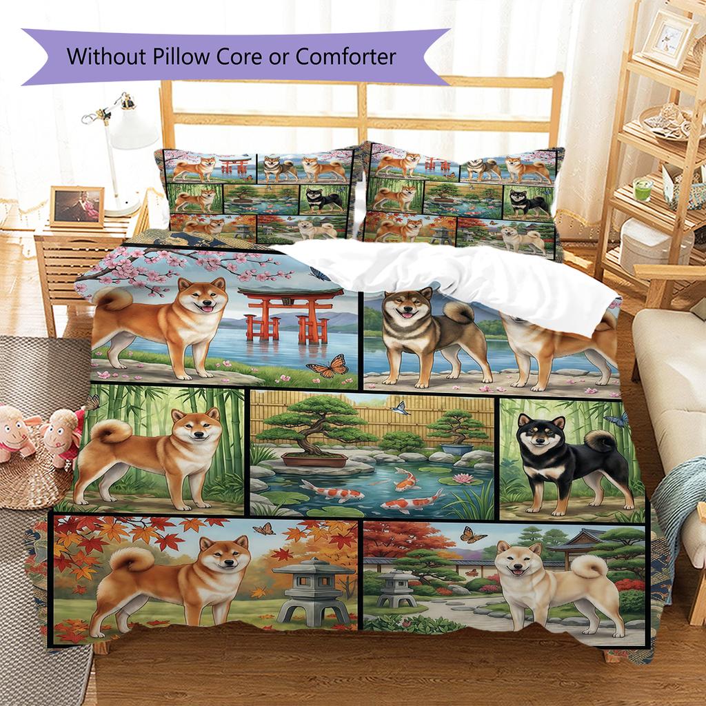 Cute Flower Puppy Pattern Bedding,Quilt Set Quilt Cover Pillowcase Home Birthday Gift (1 * Duvet Cover + 2 * Pillowcase, Without Core)