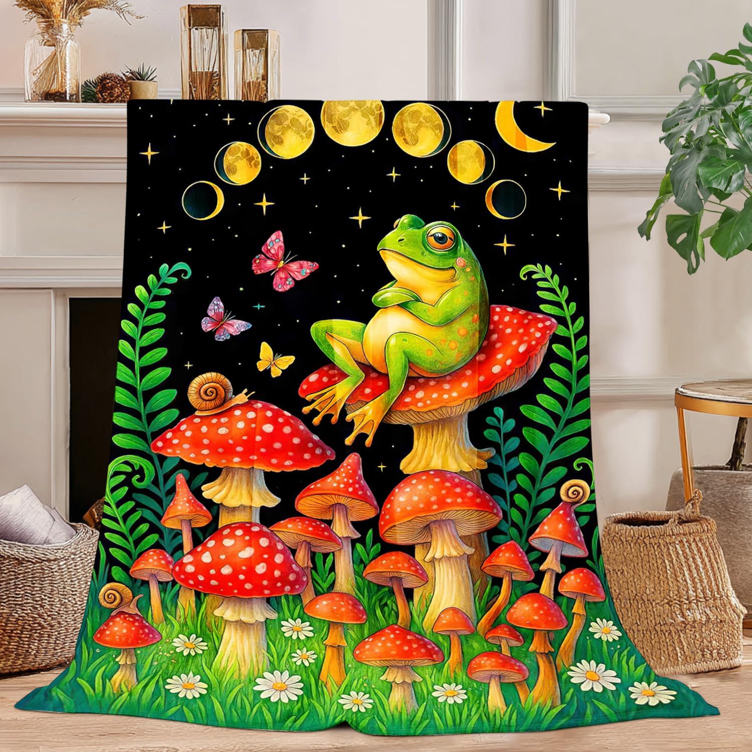 Frog Blanket Fantasy Forest Design Mushroom Pattern Soft Throw Boho Decor Bedroom Textile Magical Accessory 75X95CM