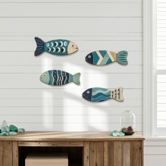 Seaside Housewarming Gift Ideas 4Pcs Wooden Fish Wall Decor, 2D Flat Mediterranean Style Hanging Ornaments for Coastal Nautical Sculpture Bedroom Home