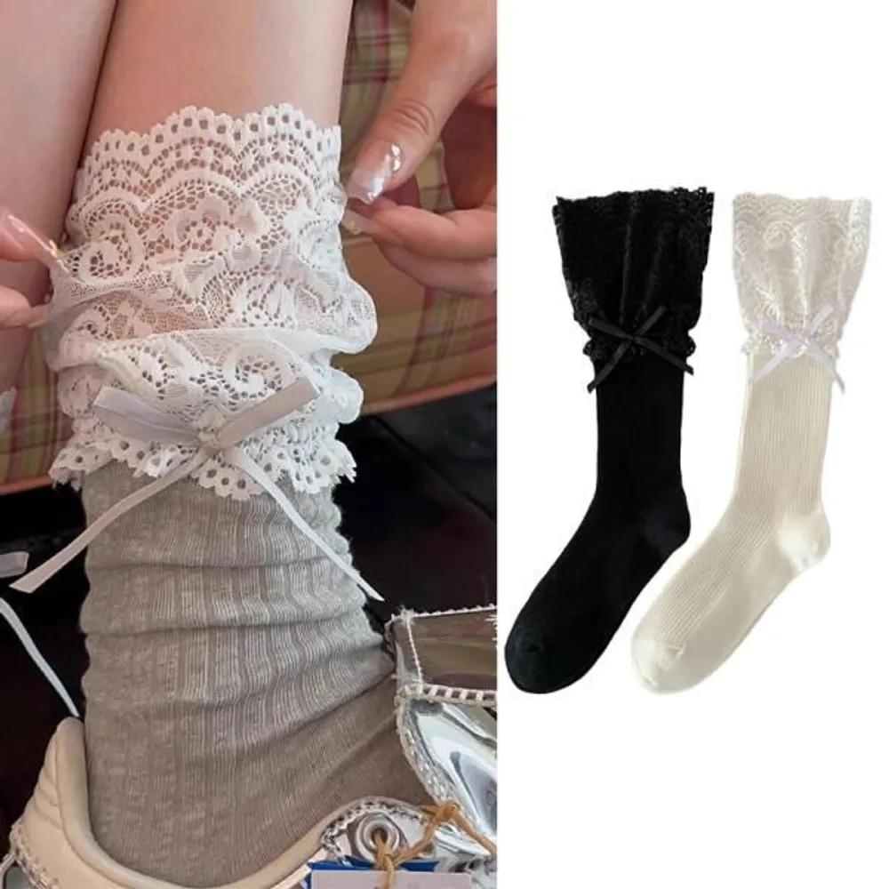Hollige Luna Women s Ballet Lace Ribbon Mid-Calf Socks black
