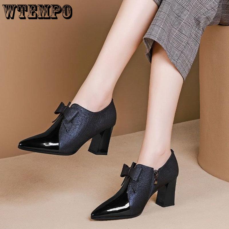 Chaussures en cuir noires à talons hauts de 4CM, bottes en cuir pointues à talon épais pour femmes, décoration papillon, chaussures de travail de tempérament et de mode