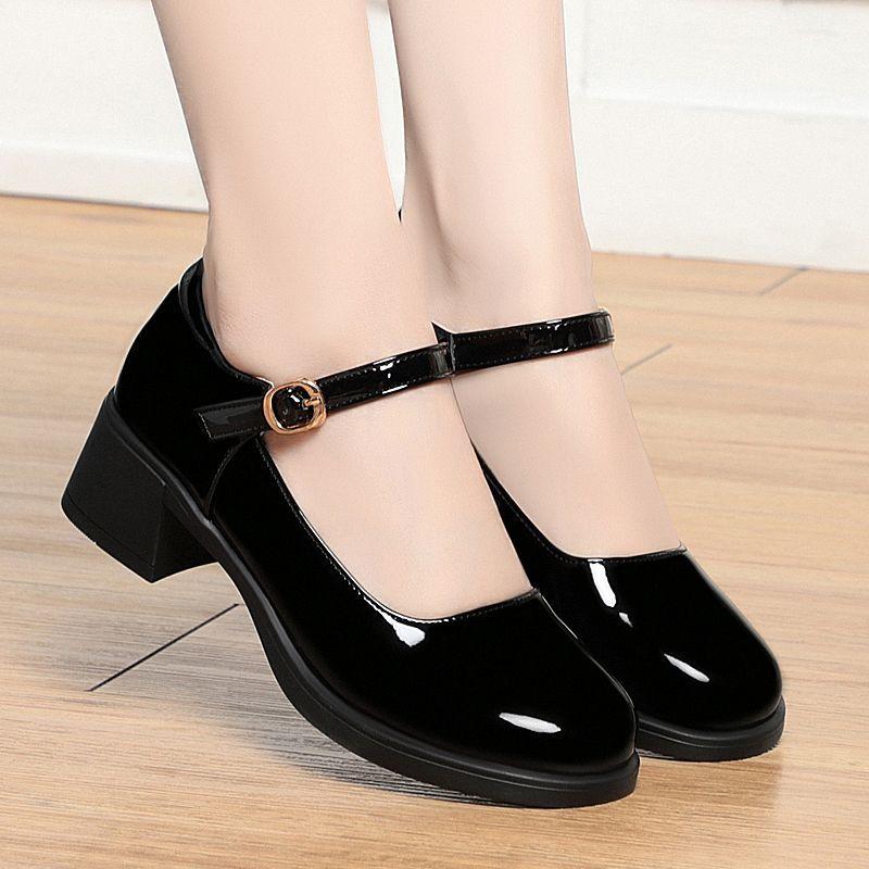 women fashion sweet black patent leather buckle strap square heel shoes lady comfort office career work pumps ab623
