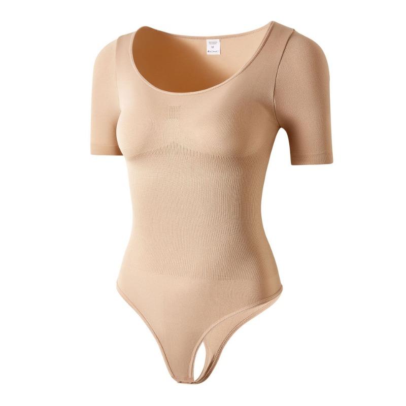 

Women s Full Body Shaper Bodysuit Tummy Control Waist Trainer Butt Lifter Plus Size Slimming Shapewear Short Sleeve T-Back Thong XXXL бежевий