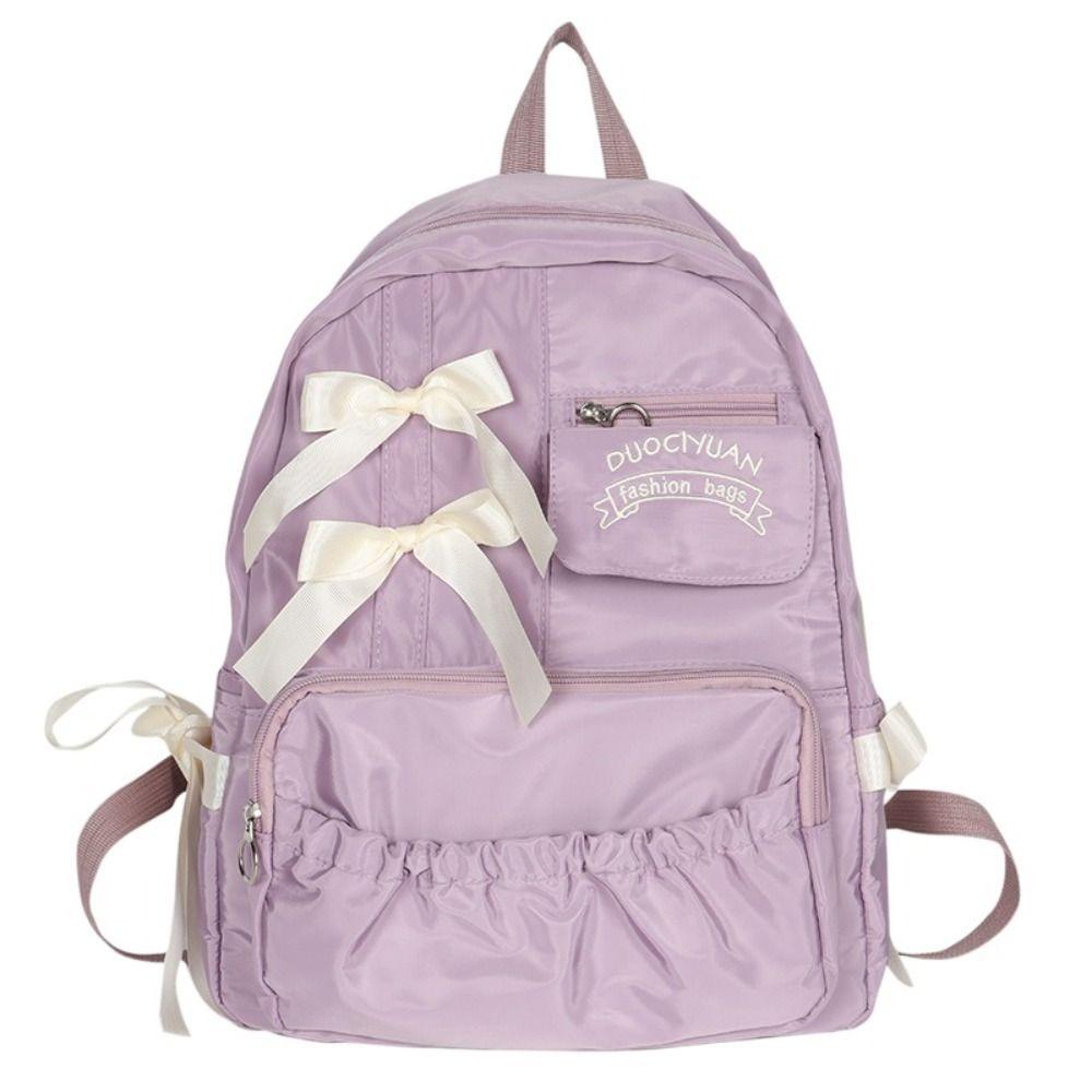 Large Capacity Students School Bag Canvas Canvas Shoulders Bag Gift Bow Backpack School фиолетовый
