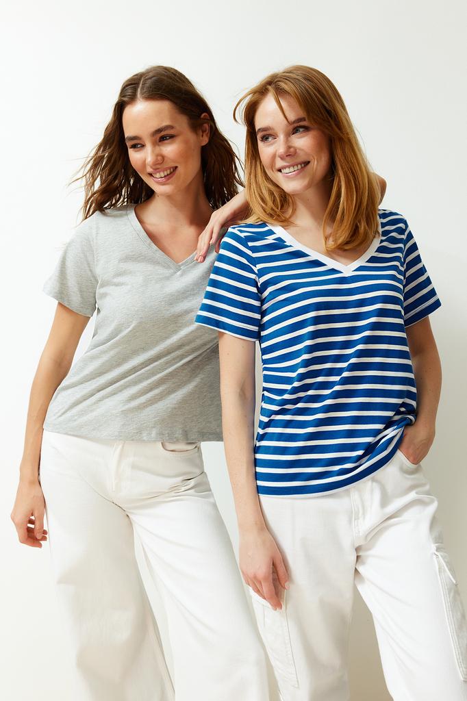 Women's Fashion T-Shirt V-Neck Long Ecru Premium V-Neck Cotton Regular Normal Fit Knitted Knitted T-Shirt