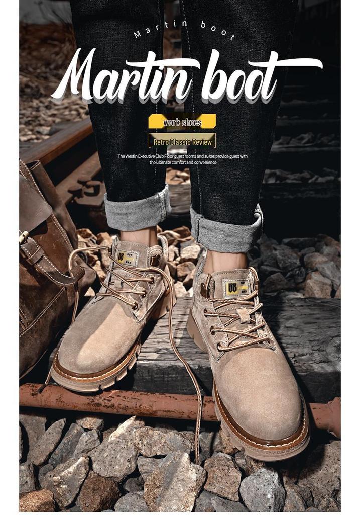Men's Yellow Leather Toe Cap Pigskin Short Boots - Casual Velvet-Lined Warm Autumn/Winter Style