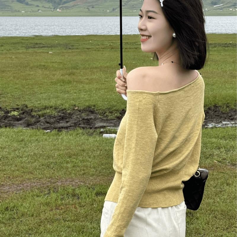 Fashion Off Shoulder Long Sleeve Knitted Sweaters Autumn Irregular Skew Neck Sexy Knitted Women Sweater Split Tops Winter Slim Casual Pullovers 25351