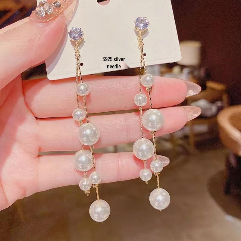 925 Sterling Silver Pearl Tassel Earrings - Trendy Korean Style Women s Ear Drops 3A101