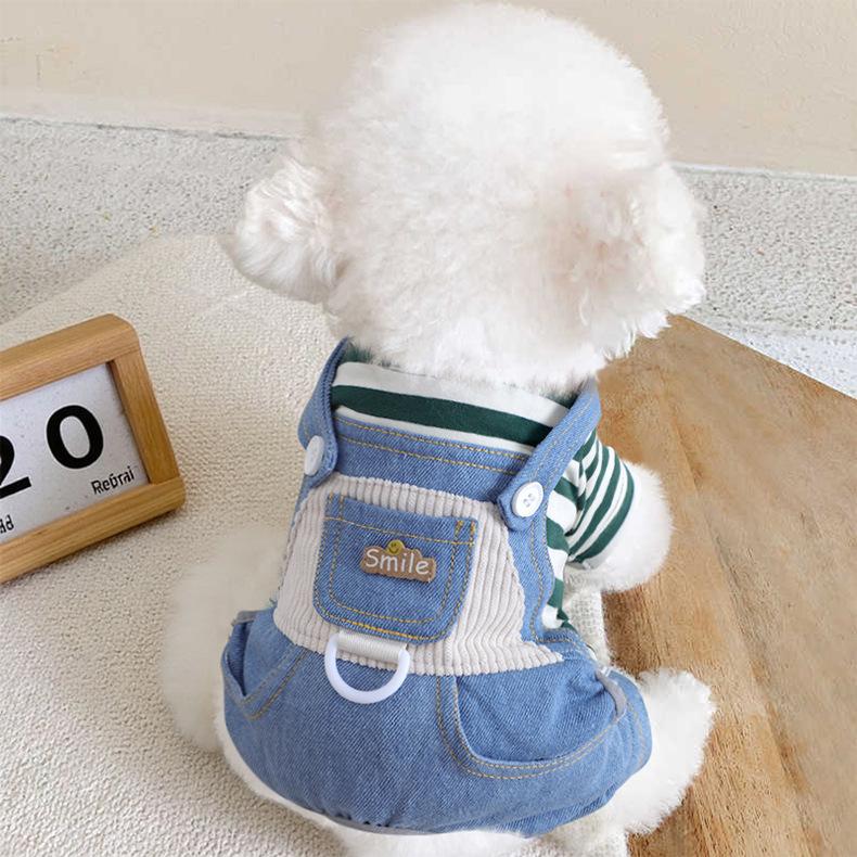 Pet clothes can lead dogs Classic striped denim overalls Autumn and winter models dog costume