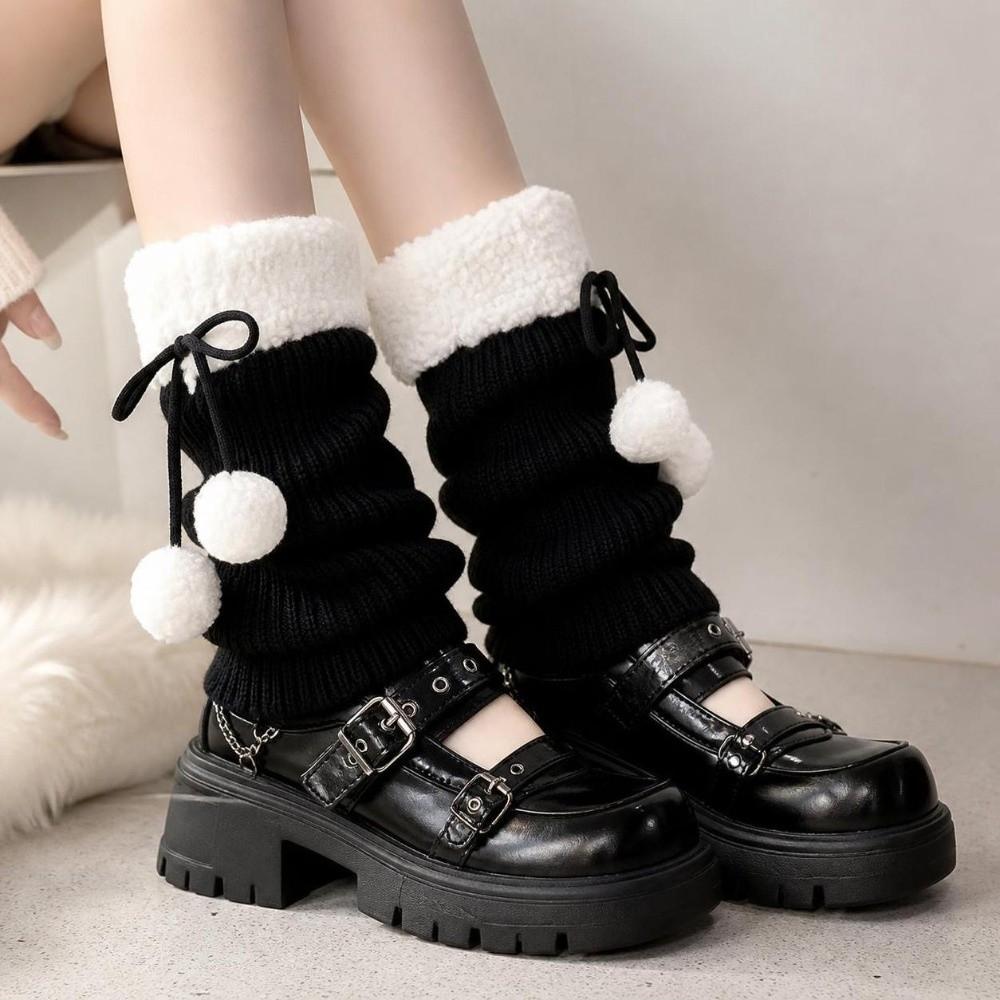 1pair Solid Color Knitted Leg Warmers Warm Winter Foot Cover Cute Mid-Calf Length Socks Girl
